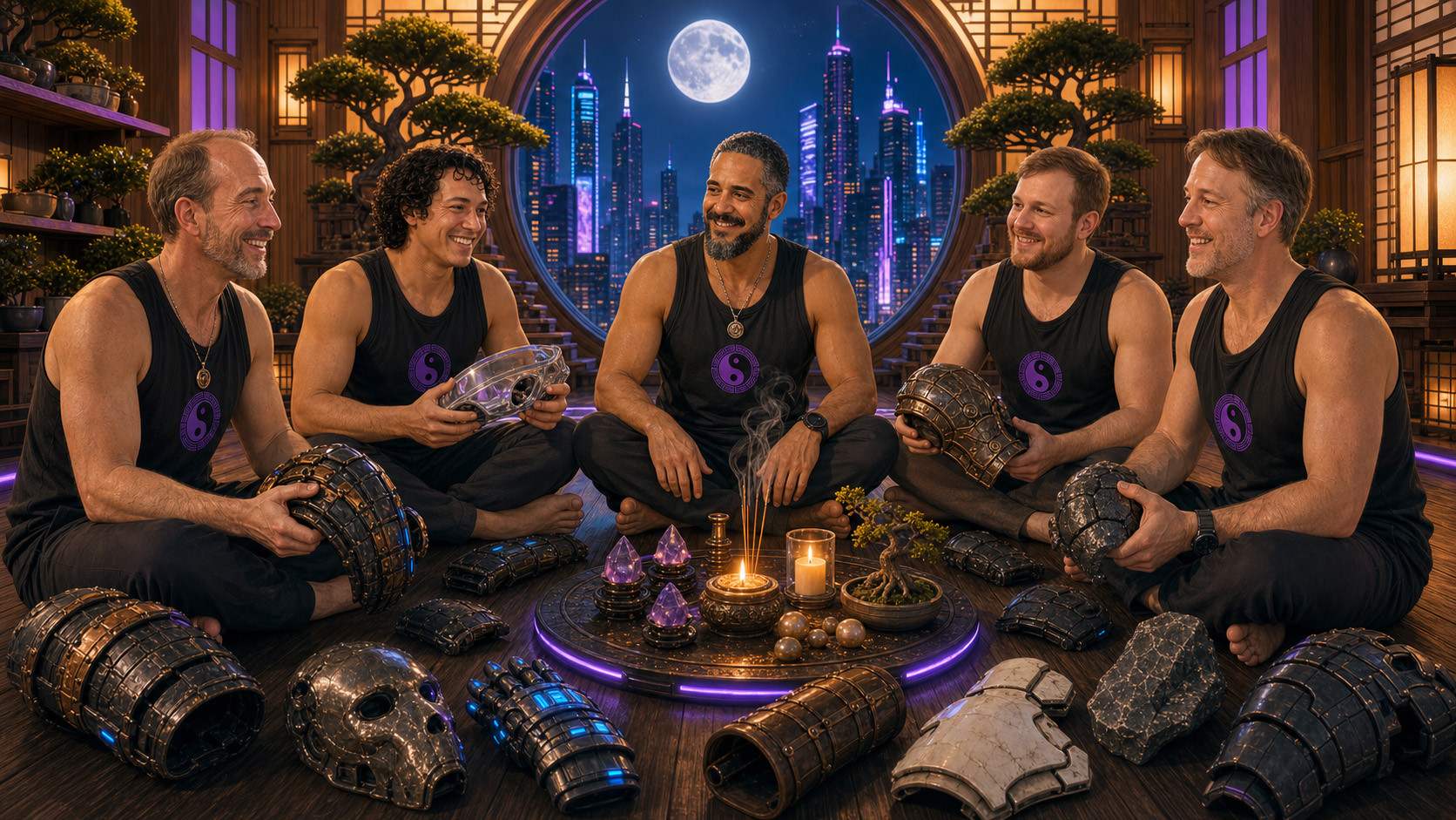 Illustrated Brotherhood sitting together with their armor set aside in the Naked Dojo