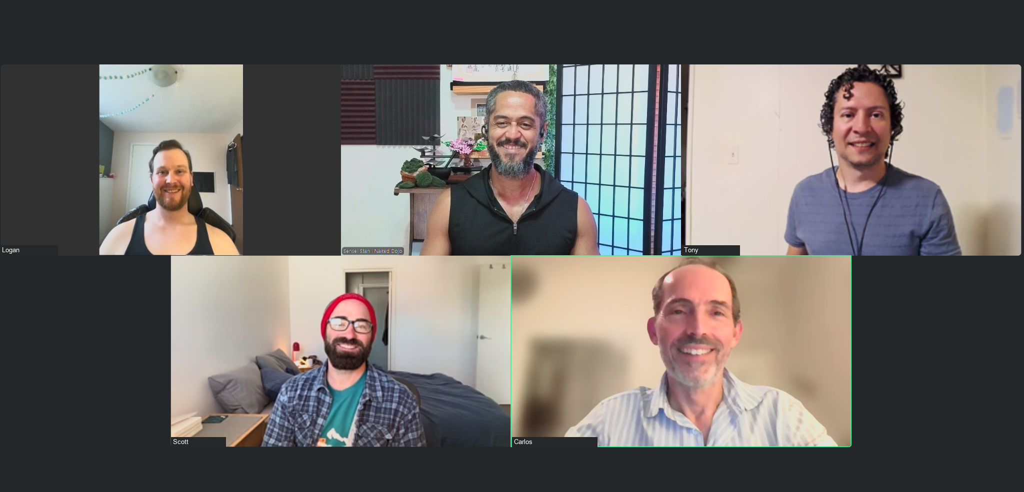 Five men, including Sensei Stan, connecting in an online Brotherhood gathering