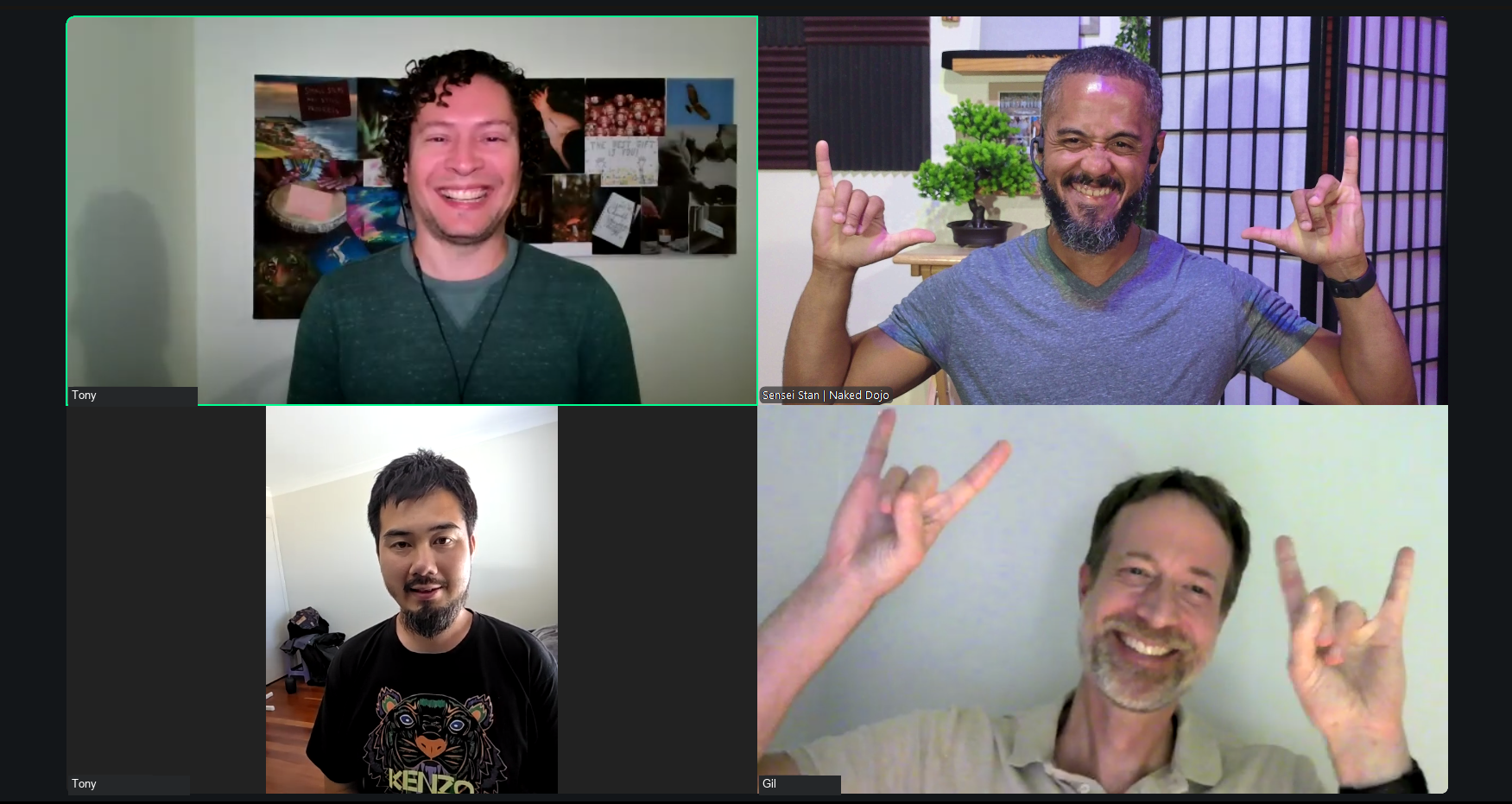 Four men, including Sensei Stan, connecting in an online Brotherhood gathering