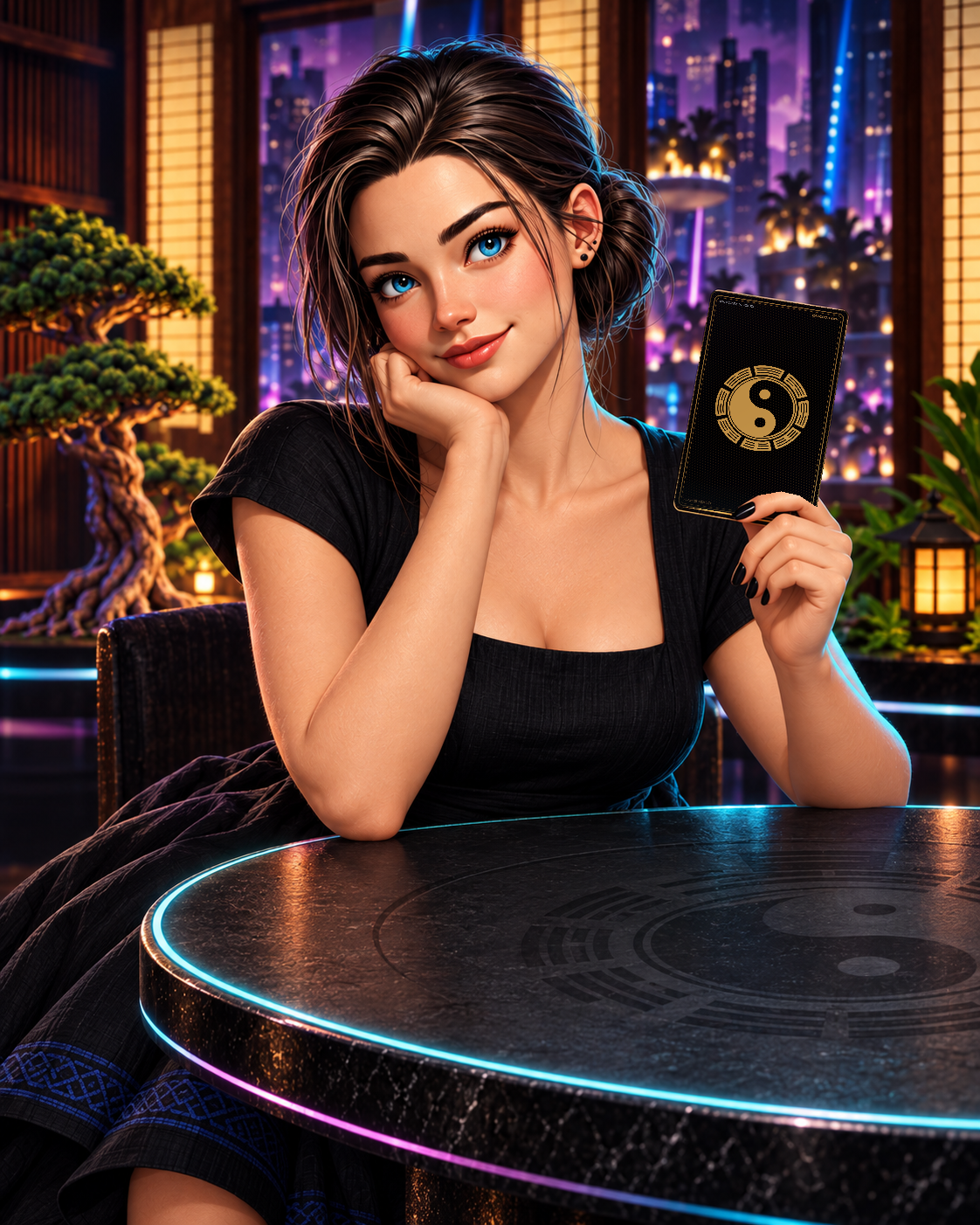 Illustrated Vera in the Dojo, holding a card with the official black and gold Codex Arcana back.